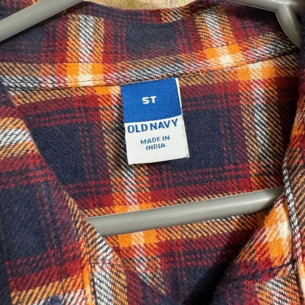 Old Navy Plaid Orange Fall Flannel Button Up Toddlers Size 5T NWT